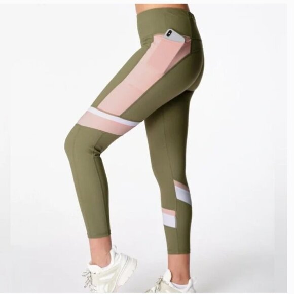Sweaty Betty Power Full Length Leggings Moss Green Pink Stripe - Picture 3 of 8